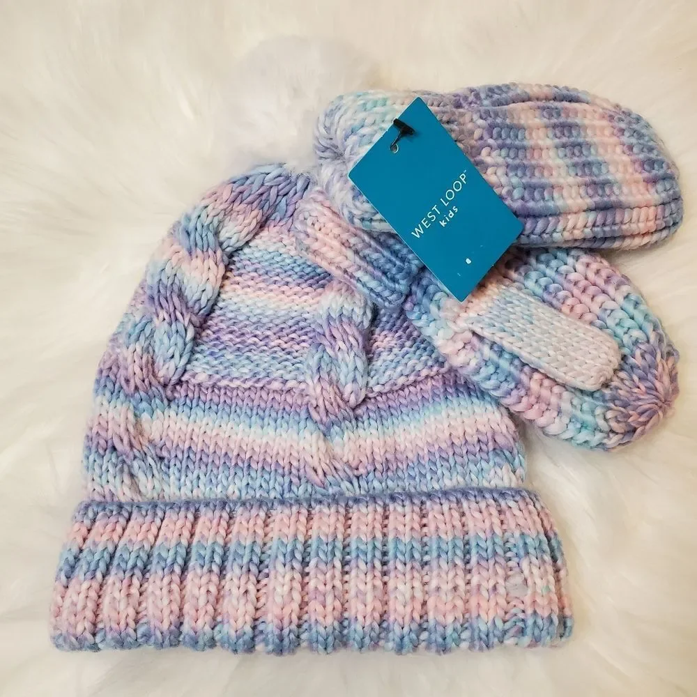 Colorful Pastel Knit Hat and Gloves Set Little Kids One Size Fits All
